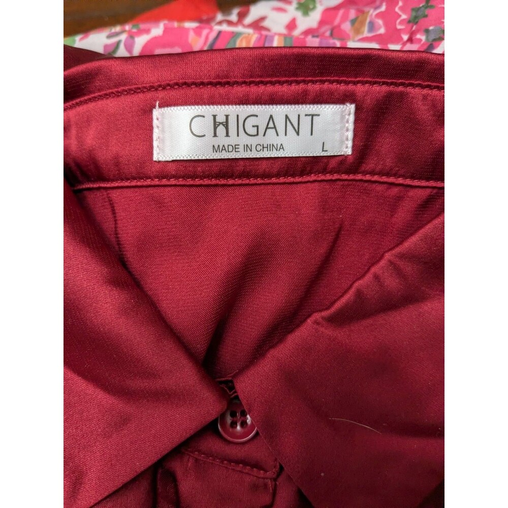 Chigant Burgundy Satin Silky Long Sleeve Collared Blouse L - Picture 3 of 5
